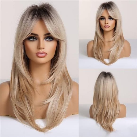 Blonde Wig with Bangs Long Straight Layered Hair Wigs for Women Dark Roots